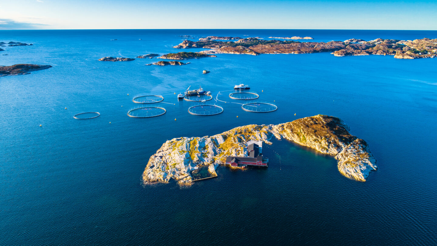 Bilde av øyer og fiskeoppdrettsanlegg