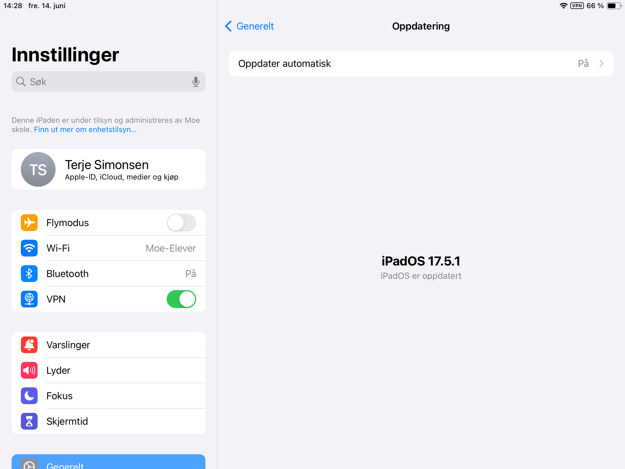 Skjermdump fra iPad-oppdatering med teksten "iPadOS 17.5.1 iPadOS er oppdatert"